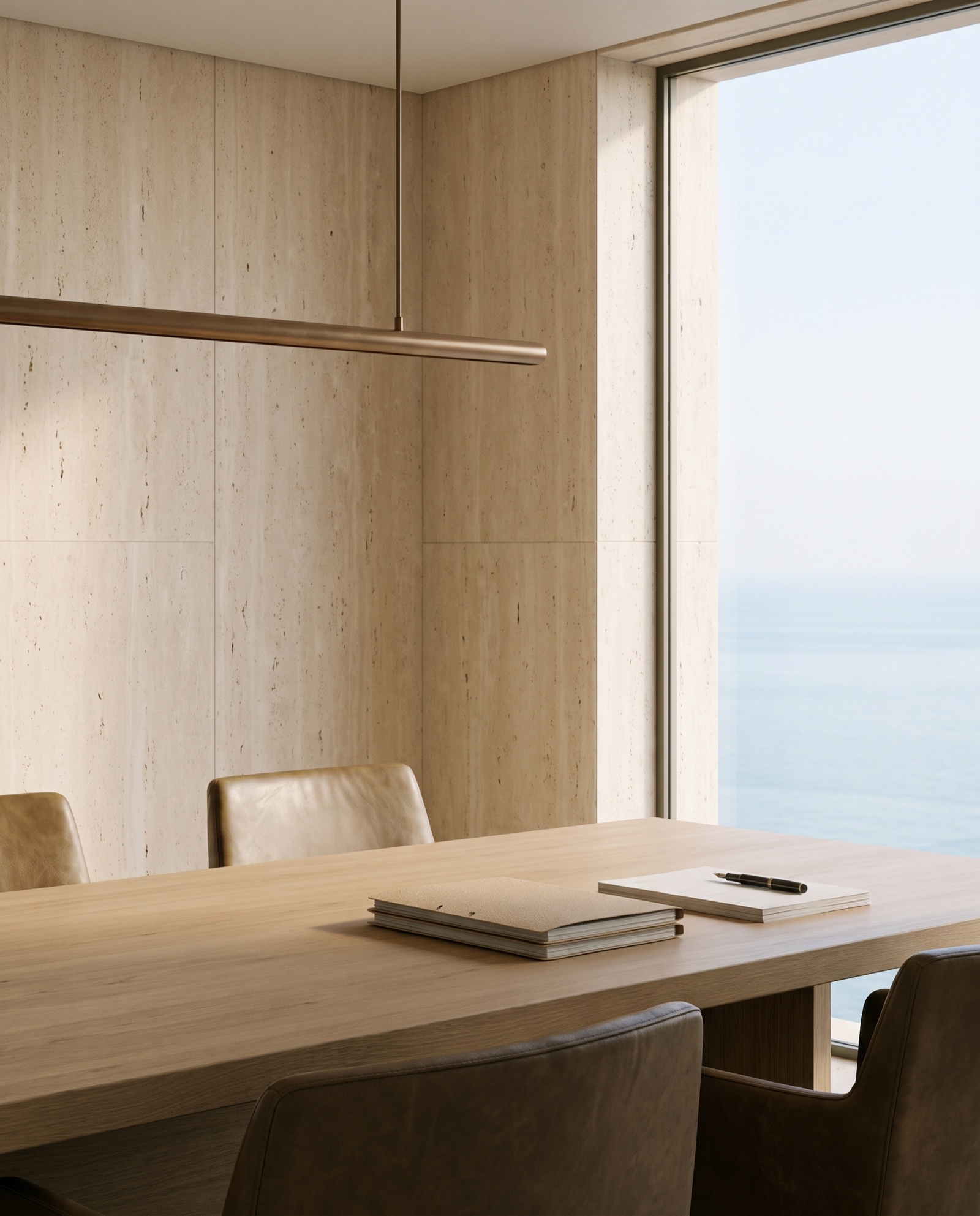 Sala de reuniones ejecutiva minimalista en una oficina mediterránea sobre el mar: mesa de roble macizo, paredes de travertino y butacas de cuero, sin personas.