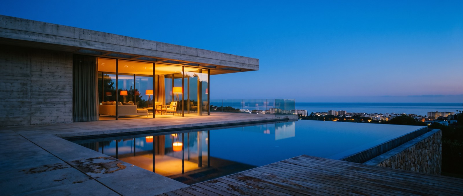 Hora azul sobre la costa de Marbella desde una villa contemporánea, con la piscina reflejando el crepúsculo y el interior encendido.