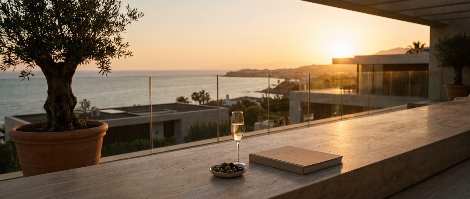 Atardecer desde una terraza contemporánea de Marbella sobre el Mediterráneo, con una copa de champán en el pretil de travertino y un olivo a un lado.