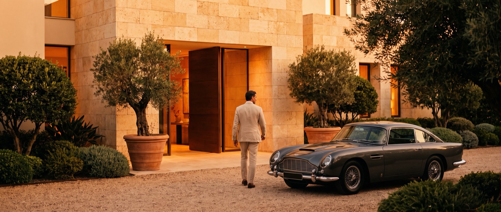 Un directivo internacional llega al atardecer a una villa contemporánea de la Milla de Oro de Marbella, con la puerta abierta sobre un interior cálido y un Aston Martin aparcado en la grava.