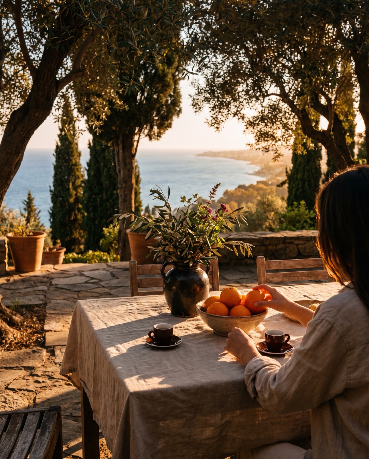 Desayuno mediterráneo en una terraza de piedra sobre la costa de Marbella, entre olivos y cipreses, a primera luz dorada.