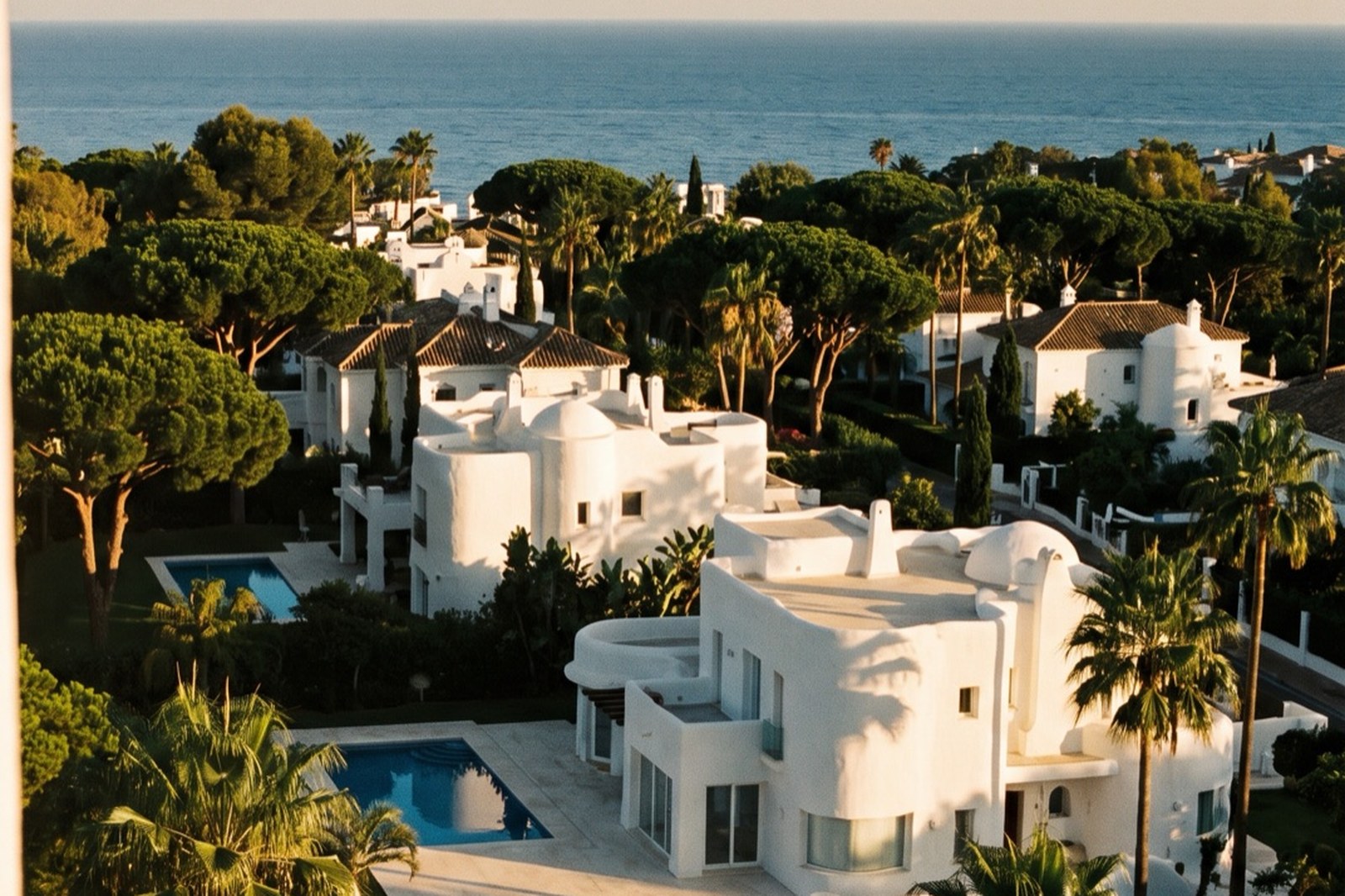 La Milla de Oro de Marbella al atardecer: villas blancas entre pinos y palmeras sobre el Mediterráneo
